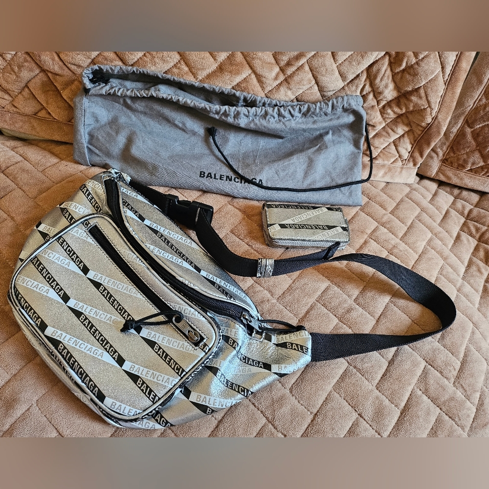 Balenciaga BAG + WALLET Silver Stripe Leather Explorer Belt Waist Fanny Chest